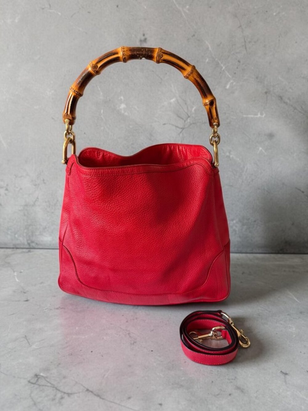 Vintage Gucci Bamboo 2-Way Crossbody/Top Handle ```Red Leather Bag